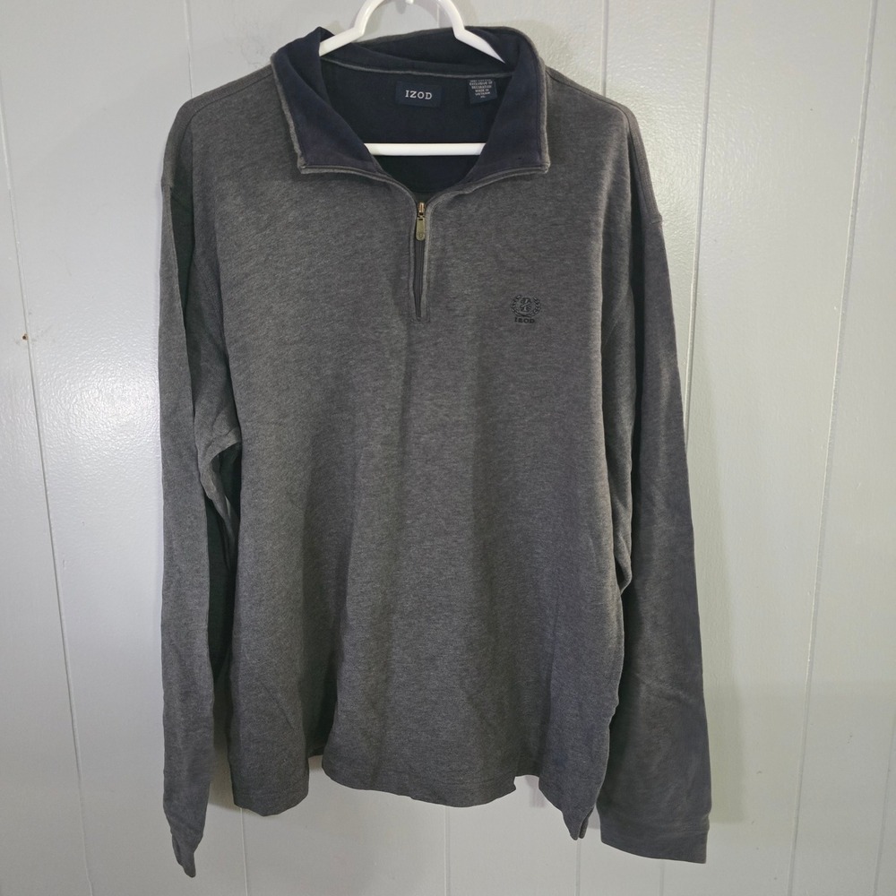IZOD Quarter Zip Pullover‎ Mens XL Gray 100% Cotton Mock Neck Long Sleeve Logo